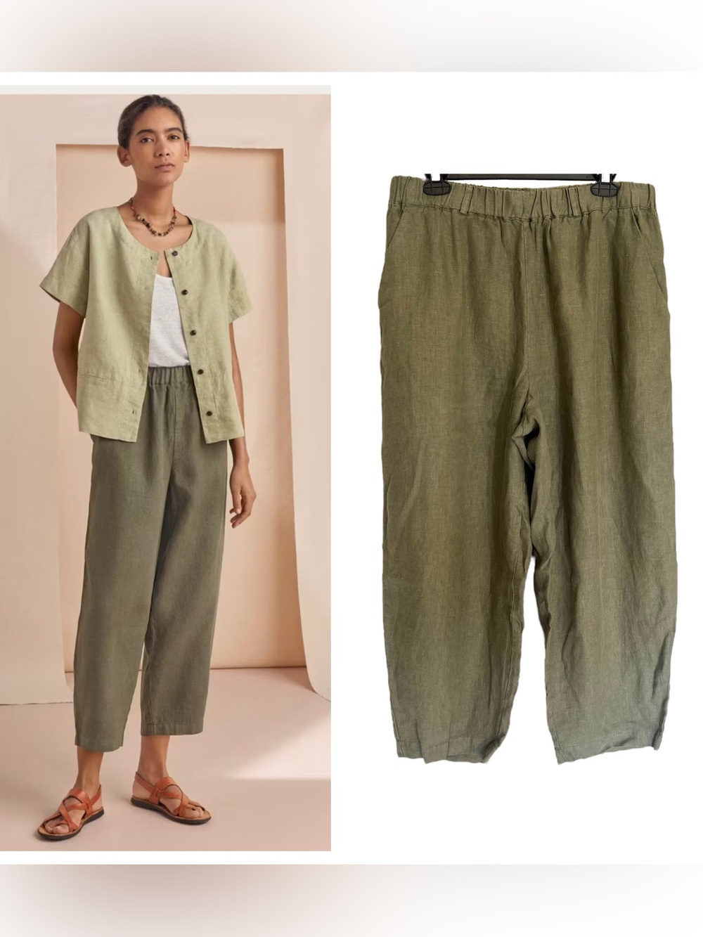 Poetry garment dyed linen cropped trousers relaxed pull on pant green sz 12 boho